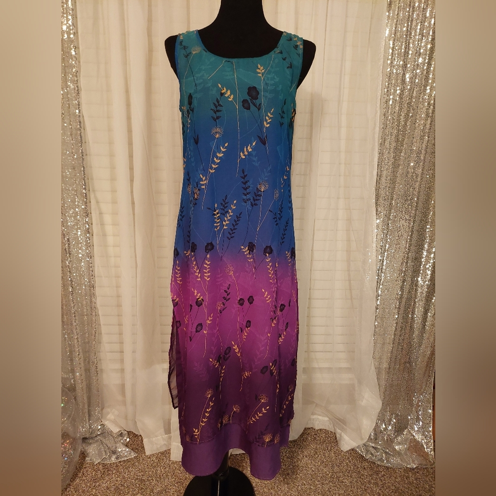 💕2 for $20 Dresses: Beautiful Sleeveless Floral Dress Purple Blue Gold